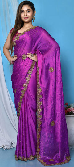 Pink and Majenta color Saree in Jacquard fabric with Bugle Beads, Cut Dana, Stone work