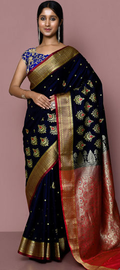 Blue color Saree in Kanjeevaram Silk fabric with Weaving, Zari work