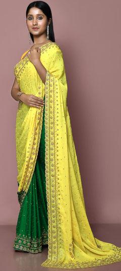 Green, Yellow color Saree in Jacquard fabric with Bugle Beads, Cut Dana, Stone work