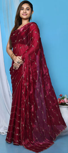 Bridal, Wedding Red and Maroon color Saree in Chiffon fabric with Classic Bugle Beads, Cut Dana work : 1887551