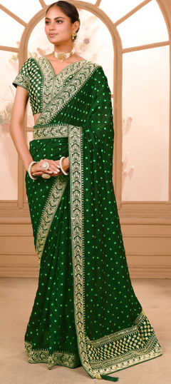 Green color Saree in Art Silk, Silk fabric with Embroidered, Lace, Sequence, Thread, Zari work