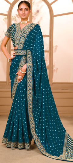 Blue color Saree in Art Silk, Silk fabric with Embroidered, Lace, Sequence, Thread, Zari work