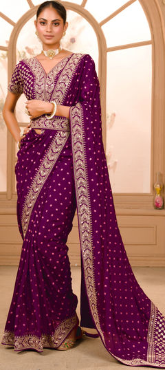 Purple and Violet color Saree in Art Silk, Silk fabric with Embroidered, Lace, Sequence, Thread, Zari work
