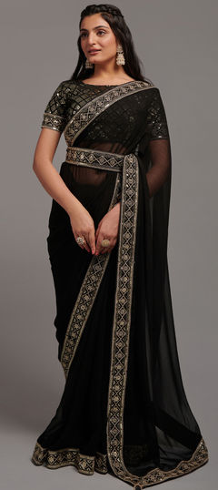 Black and Grey color Saree in Chiffon fabric with Embroidered, Lace, Sequence, Thread, Zari work