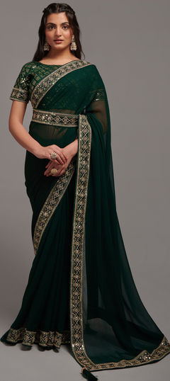 Green color Saree in Chiffon fabric with Embroidered, Lace, Sequence, Thread, Zari work