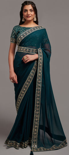 Blue color Saree in Chiffon fabric with Embroidered, Lace, Sequence, Thread, Zari work