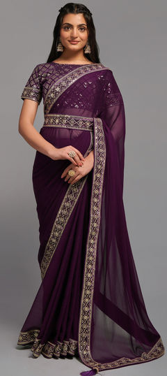 Purple and Violet color Saree in Chiffon fabric with Embroidered, Lace, Sequence, Thread, Zari work