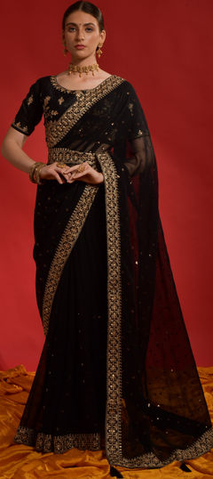 Black and Grey color Saree in Georgette fabric with Embroidered, Sequence, Zari work