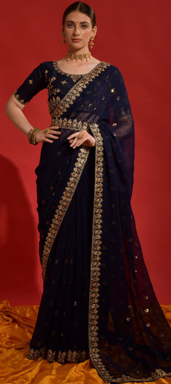 Purple and Violet color Saree in Georgette fabric with Embroidered, Sequence, Zari work