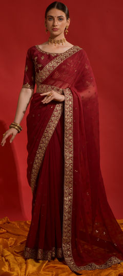 Red and Maroon color Saree in Georgette fabric with Embroidered, Sequence, Zari work