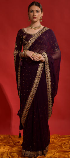 Purple and Violet color Saree in Georgette fabric with Embroidered, Sequence, Zari work