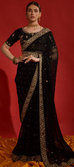 Party Wear, Reception Black and Grey color Saree in Georgette fabric with Classic Embroidered, Sequence, Zari work : 1887607