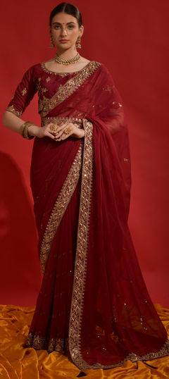 Party Wear, Reception Red and Maroon color Saree in Georgette fabric with Classic Embroidered, Sequence, Zari work : 1887611