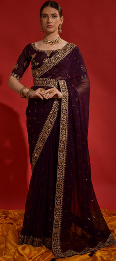 Purple and Violet color Saree in Georgette fabric with Embroidered, Sequence, Zari work