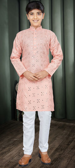 Festive Pink and Majenta color Boys Kurta Pyjama in Cotton fabric with Embroidered, Printed, Sequence work : 1887635