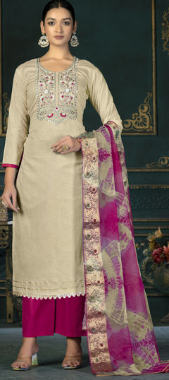 Beige and Brown color Salwar Kameez in Cotton fabric with Embroidered work