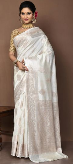 White and Off White color Saree in Silk fabric with Weaving work