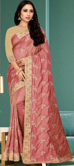 Pink and Majenta color Saree in Satin Silk fabric with Border, Embroidered, Thread, Zari work