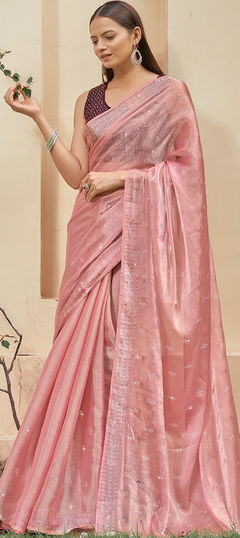 Pink and Majenta color Saree in Art Silk, Silk fabric with Swarovski work