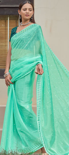 Green color Saree in Art Silk, Silk fabric with Swarovski work