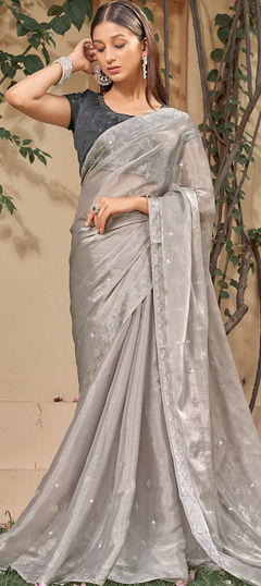 Black and Grey color Saree in Art Silk, Silk fabric with Swarovski work