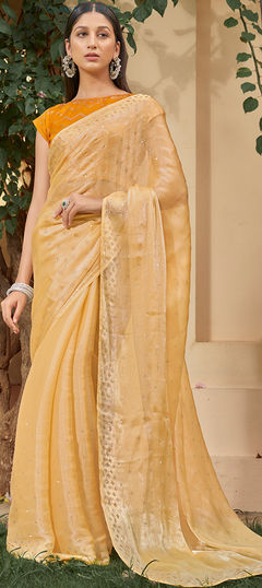 Yellow color Saree in Art Silk, Silk fabric with Swarovski work