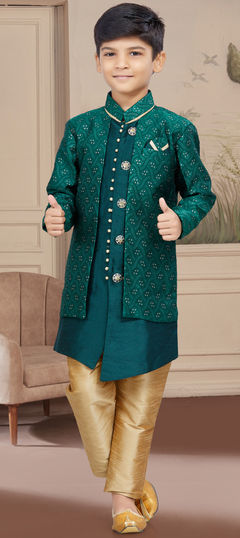 Party Wear Green color Boys Indo-Western in Jacquard fabric with Embroidered, Thread, Zari work : 1887932