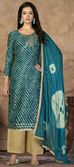 Blue color Salwar Kameez in Cotton fabric with Embroidered, Resham, Thread work