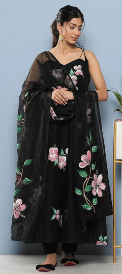 Black and Grey color Salwar Kameez in Organza Silk fabric with Floral, Lace, Printed work