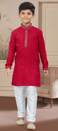 Party Wear Red and Maroon color Boys Kurta Pyjama in Rayon fabric with Embroidered, Stone, Thread work : 1888009