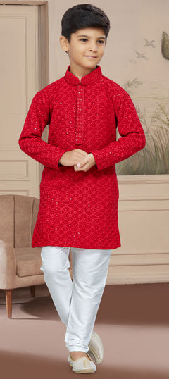 Party Wear Red and Maroon color Boys Kurta Pyjama in Rayon fabric with Embroidered, Stone, Thread work : 1888017