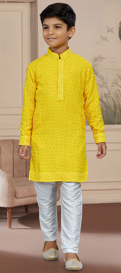 Party Wear Yellow color Boys Kurta Pyjama in Rayon fabric with Embroidered, Stone, Thread work : 1888021