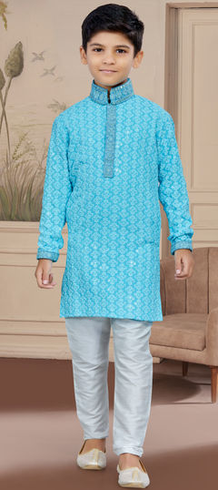 Party Wear Blue color Boys Kurta Pyjama in Rayon fabric with Embroidered, Stone, Thread work : 1888023