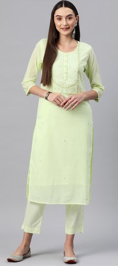 Summer Green color Salwar Kameez in Cotton fabric with Straight Embroidered, Resham, Sequence, Thread work : 1888113