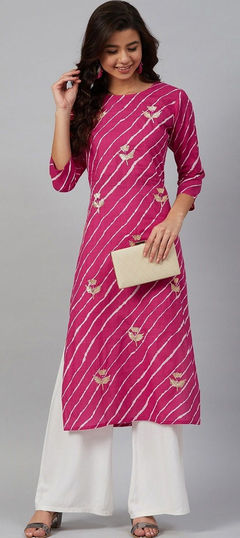 Pink and Majenta color Salwar Kameez in Rayon fabric with Lace work