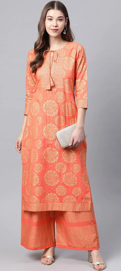 Orange color Salwar Kameez in Rayon fabric with Lace work