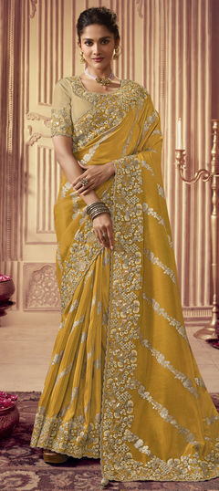 Yellow color Saree in Viscose fabric with Embroidered, Resham, Sequence, Stone, Zari work