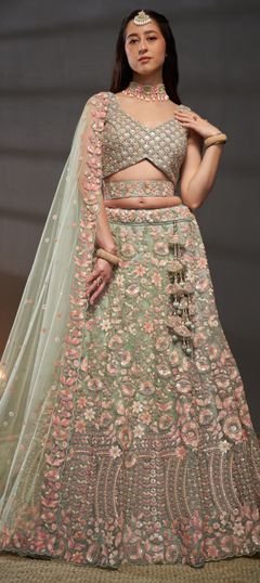 Green color Lehenga in Net fabric with Embroidered, Sequence, Zircon work