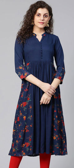 Party Wear Blue color Kurti in Rayon fabric with Anarkali, Long Sleeve Printed work : 1888179