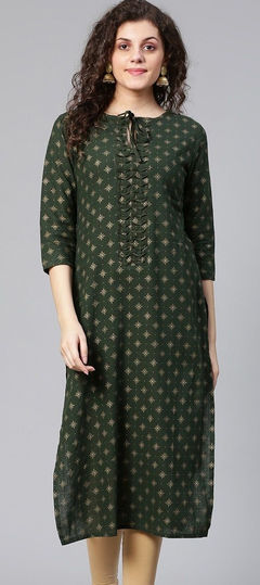 Party Wear Green color Kurti in Rayon fabric with Long Sleeve, Straight Printed work : 1888181