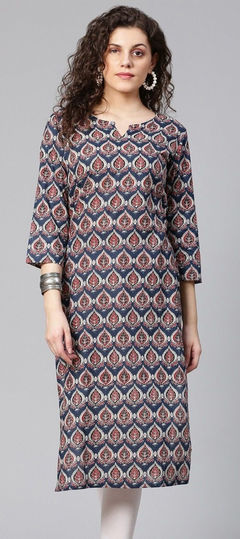 Party Wear Blue color Kurti in Rayon fabric with Long Sleeve, Straight Printed work : 1888185