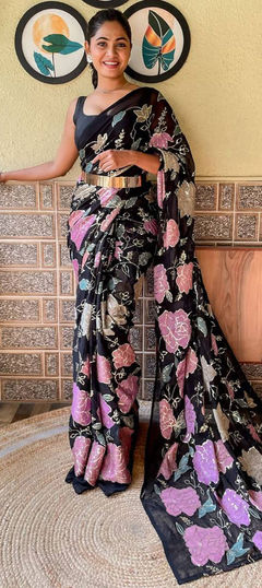 Black and Grey color Saree in Georgette fabric with Sequence, Thread work