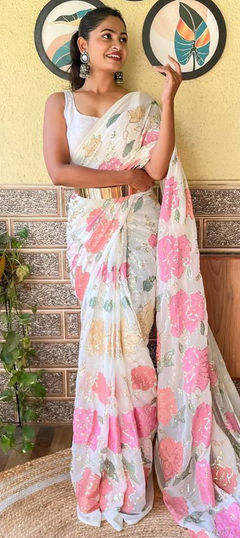 White and Off White color Saree in Georgette fabric with Sequence, Thread work