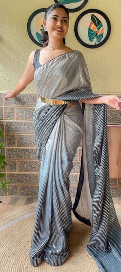 Party Wear, Traditional Black and Grey color Saree in Art Silk, Silk fabric with South Sequence work : 1888337