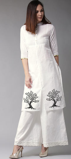 White and Off White color Salwar Kameez in Cotton fabric with Embroidered, Thread work