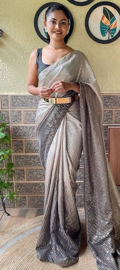 White and Off White color Saree in Art Silk, Silk fabric with Sequence work