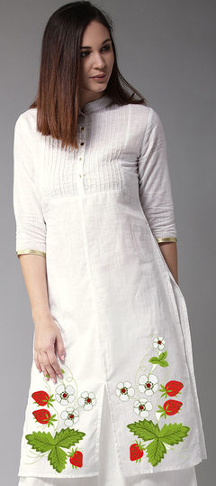 Party Wear White and Off White color Kurti in Cotton fabric with Long Sleeve, Straight Embroidered, Thread work : 1888369