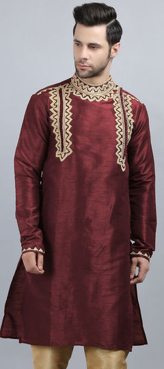 Red and Maroon color Kurta in Dupion Silk fabric with Aari, Embroidered work