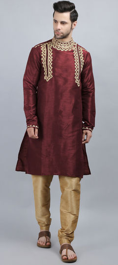 Red and Maroon color Kurta Pyjamas in Dupion Silk fabric with Aari, Embroidered work