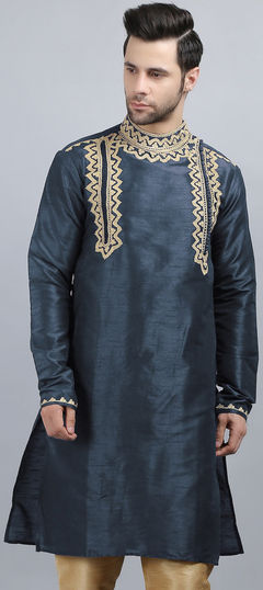 Blue color Kurta in Dupion Silk fabric with Aari, Embroidered work